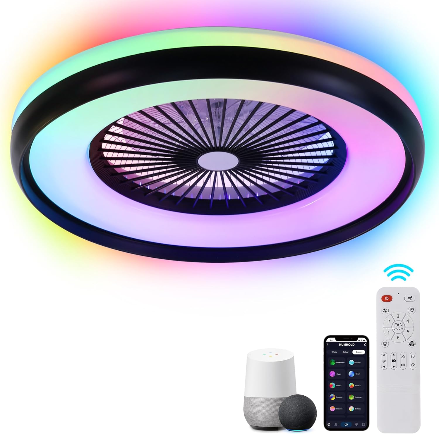24 Bladeless Ceiling Fan with RGB Light Remote for Modern Homes