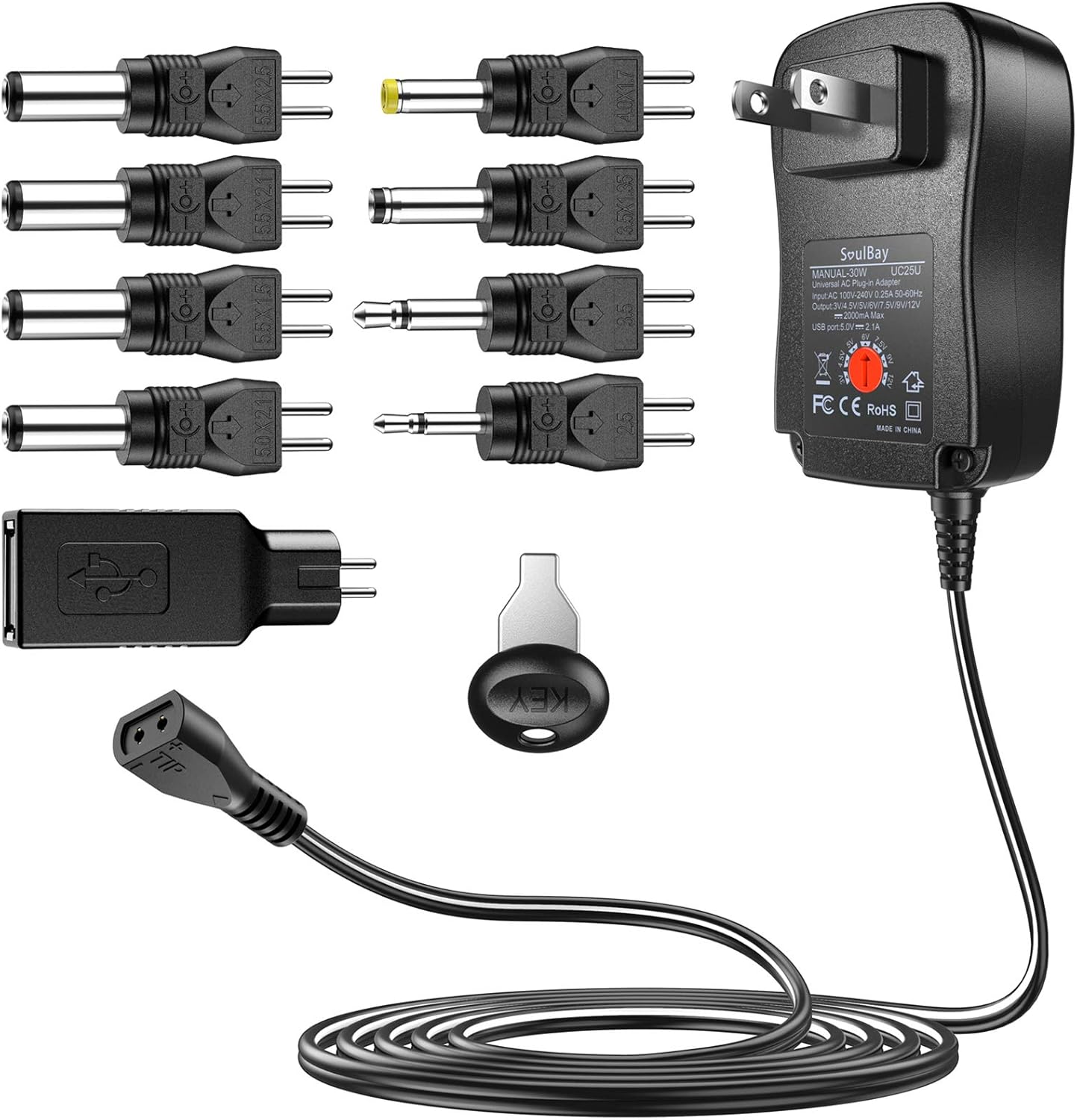 SoulBay 30W AC DC Adapter: Selectable Voltage, 9 Tips, 2A Output