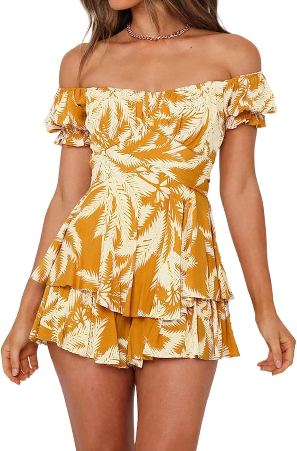 Boho Floral Print Off Shoulder Ruffle Chiffon Jumpsuit