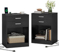 ADORNEVE Night Stand Set 2 - Black Nightstand with Charging Station