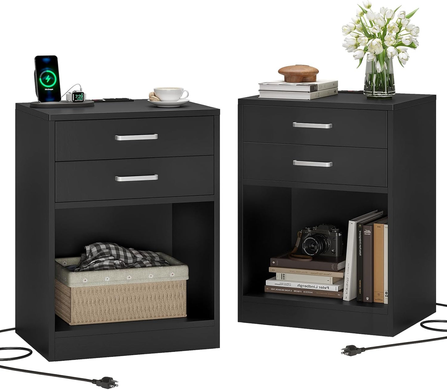 ADORNEVE Night Stand Set 2 with Charging Station and Drawers