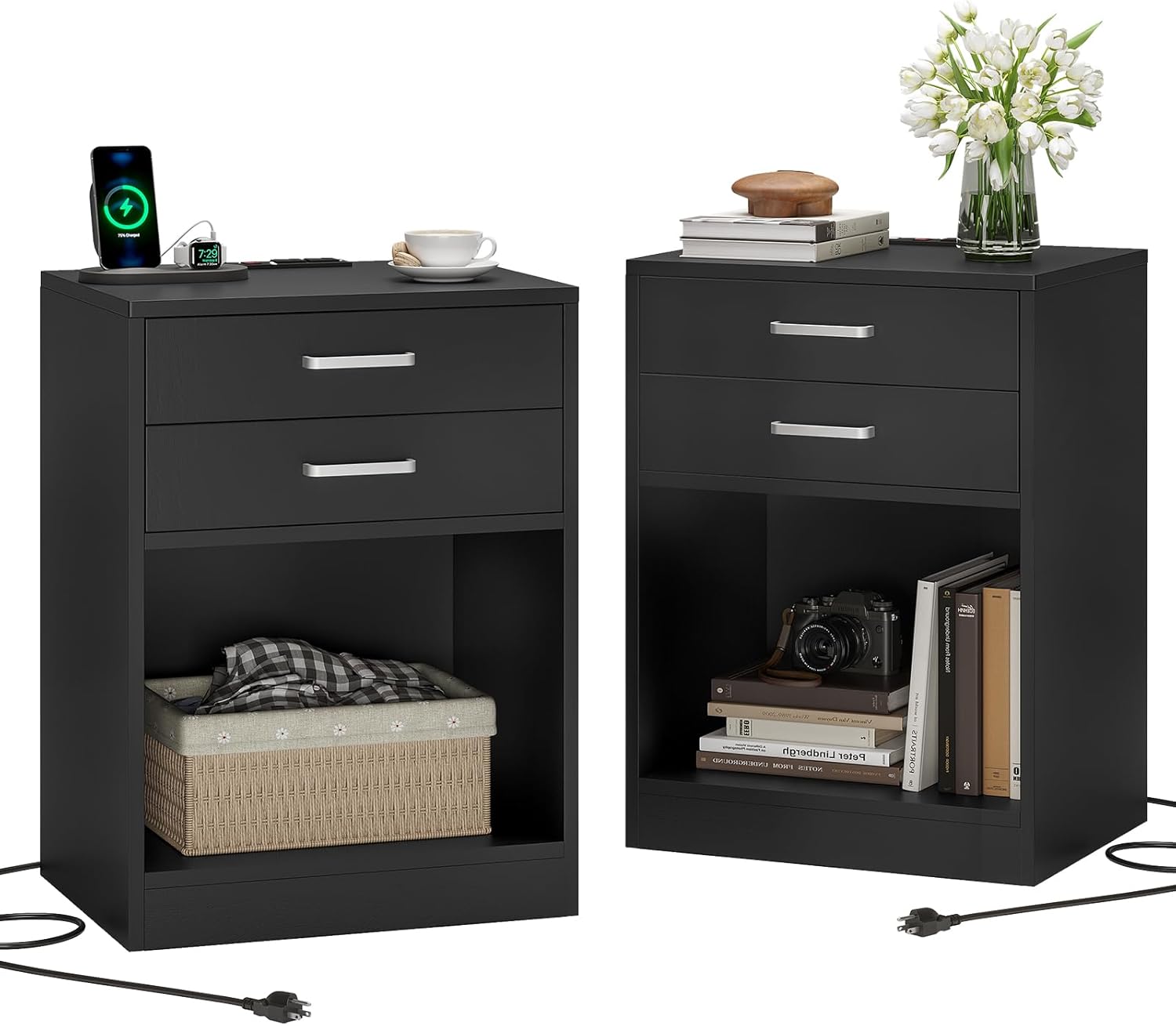 ADORNEVE Night Stand Set 2 with Charging Station and Drawers