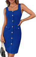 Women's Buttons Belted Square Neck Business Midi Dress - Sleeveless