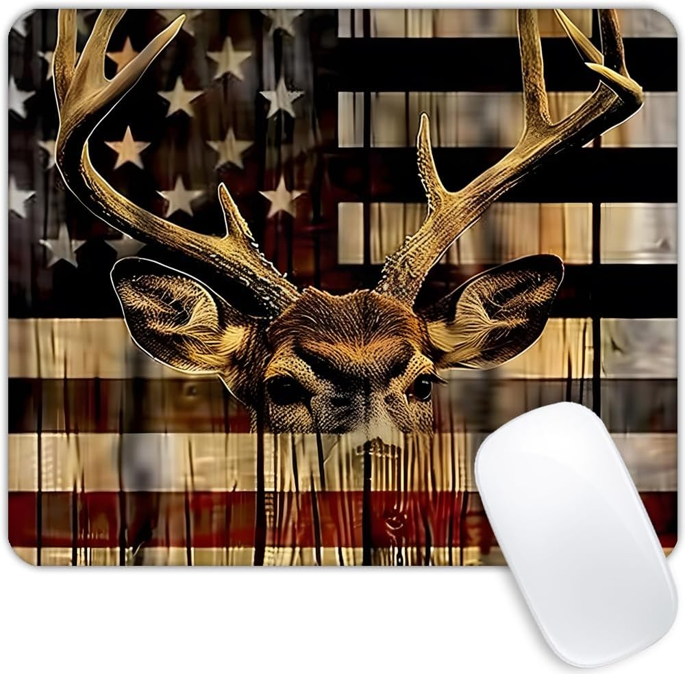 Wood Grain American Flag Deer Mouse Pad | Anti-Slip Rubber | Office Laptop