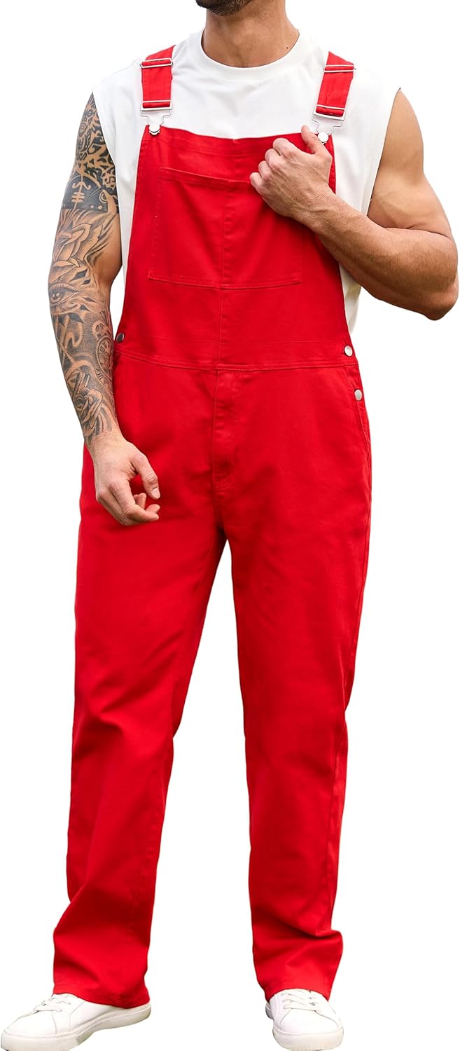 Red Overalls for Men Fashion Utility Denim Jumpsuit with Pockets