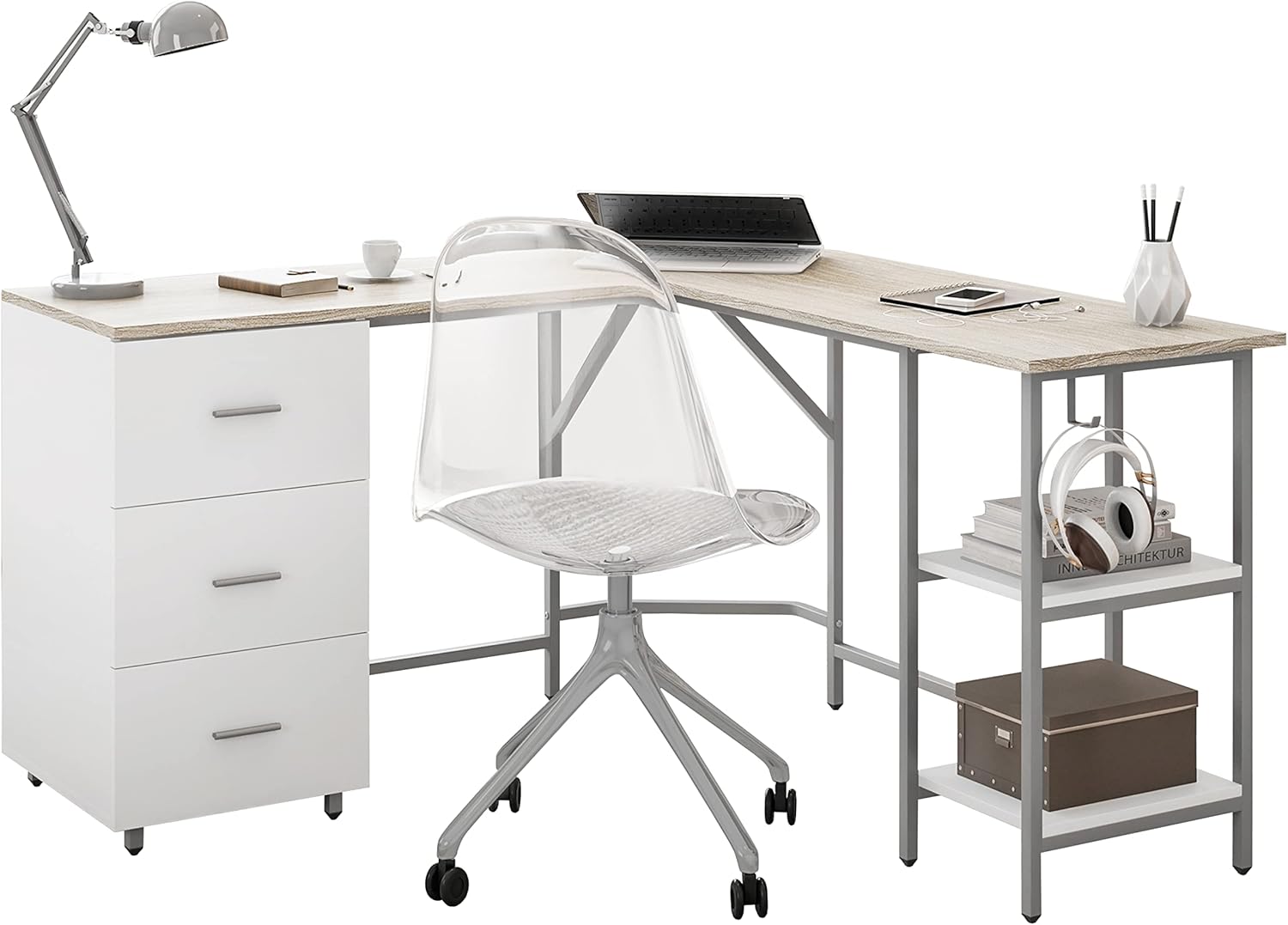 Techni Mobili L Shaped Desk - Modern Two-Toned Corner Table