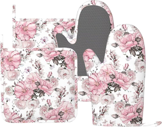 Silicone Pink Floral Oven Mitts Set - Heat Resistant & Stylish