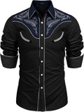 Men's Western Cowboy Shirt Embroidered Cotton Button Down Long Sleeve