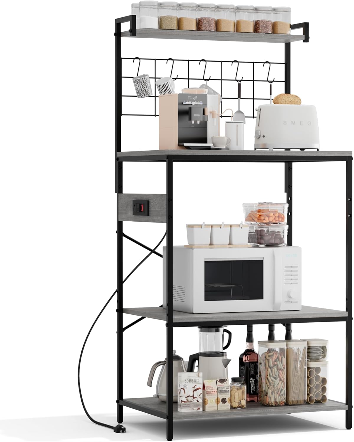 4-Tier Kitchen Bakers Rack w/ Power Outlet, Storage Shelf, Grey