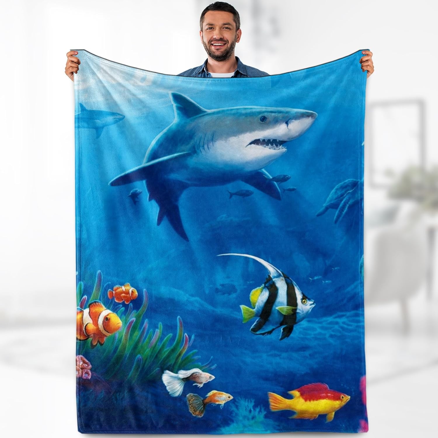 Nautical Shark Fleece Blanket - Cozy Ocean Animal Lover Gift, Soft Lightweight Throw - Aimego