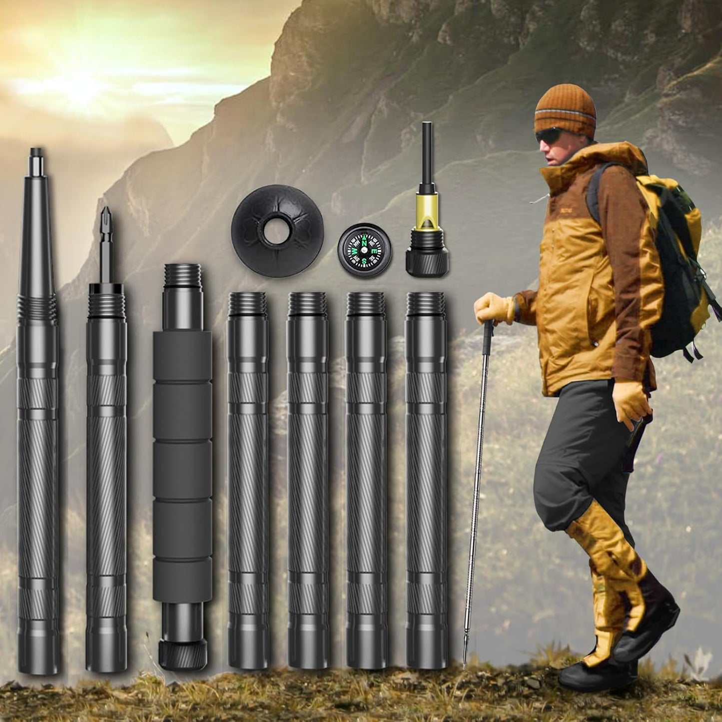 Compact Hiking Stick with Compass & Whistle