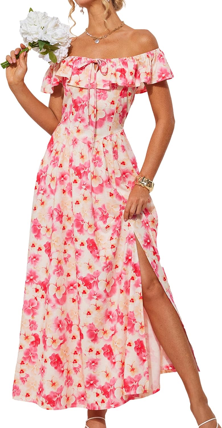 2025 Womens Maxi Dresses Off Shoulder Floral Ruffle Beach Dress