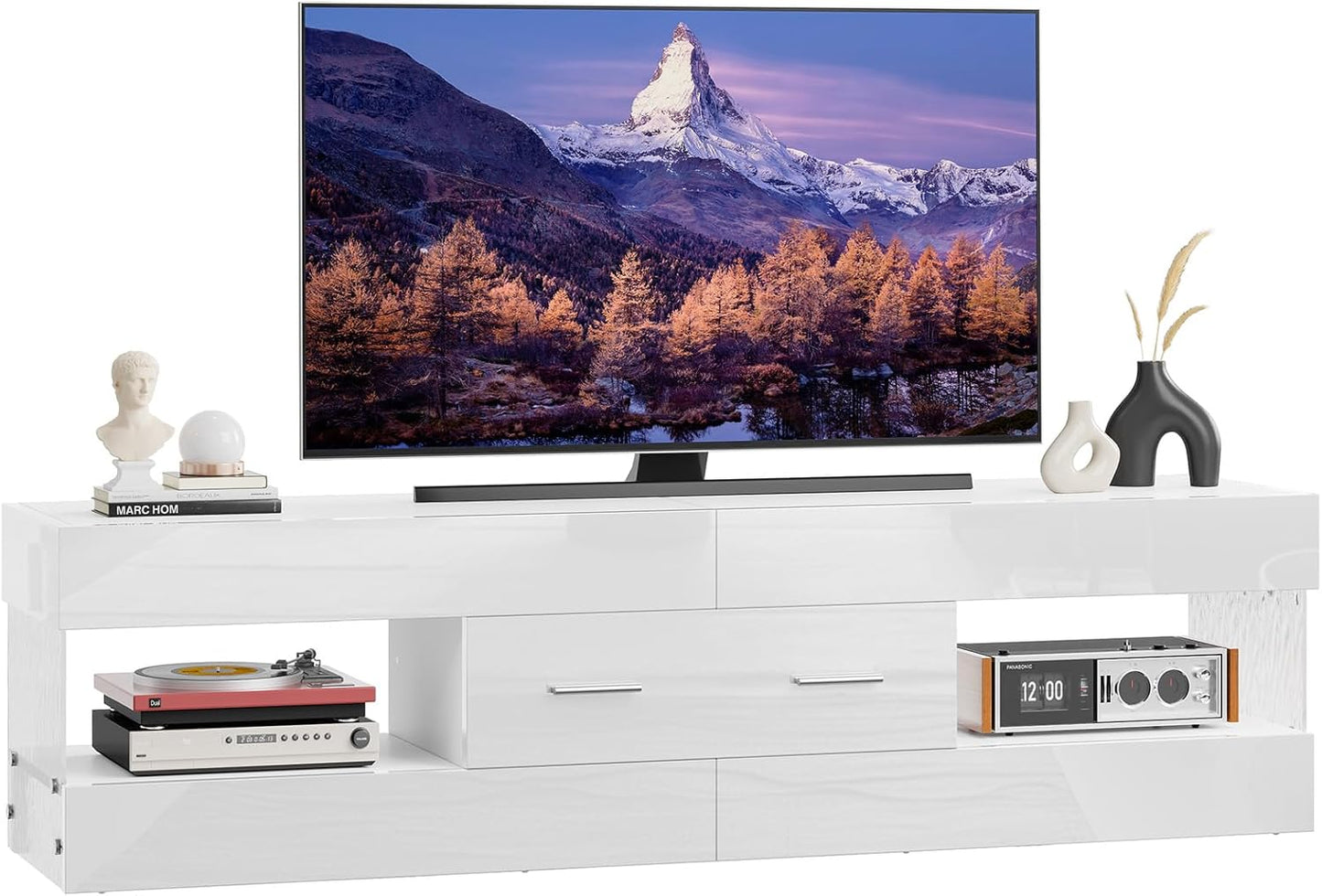 Modern TV Stand w/ Stone Panels & LED, Large Drawer - Glossy White