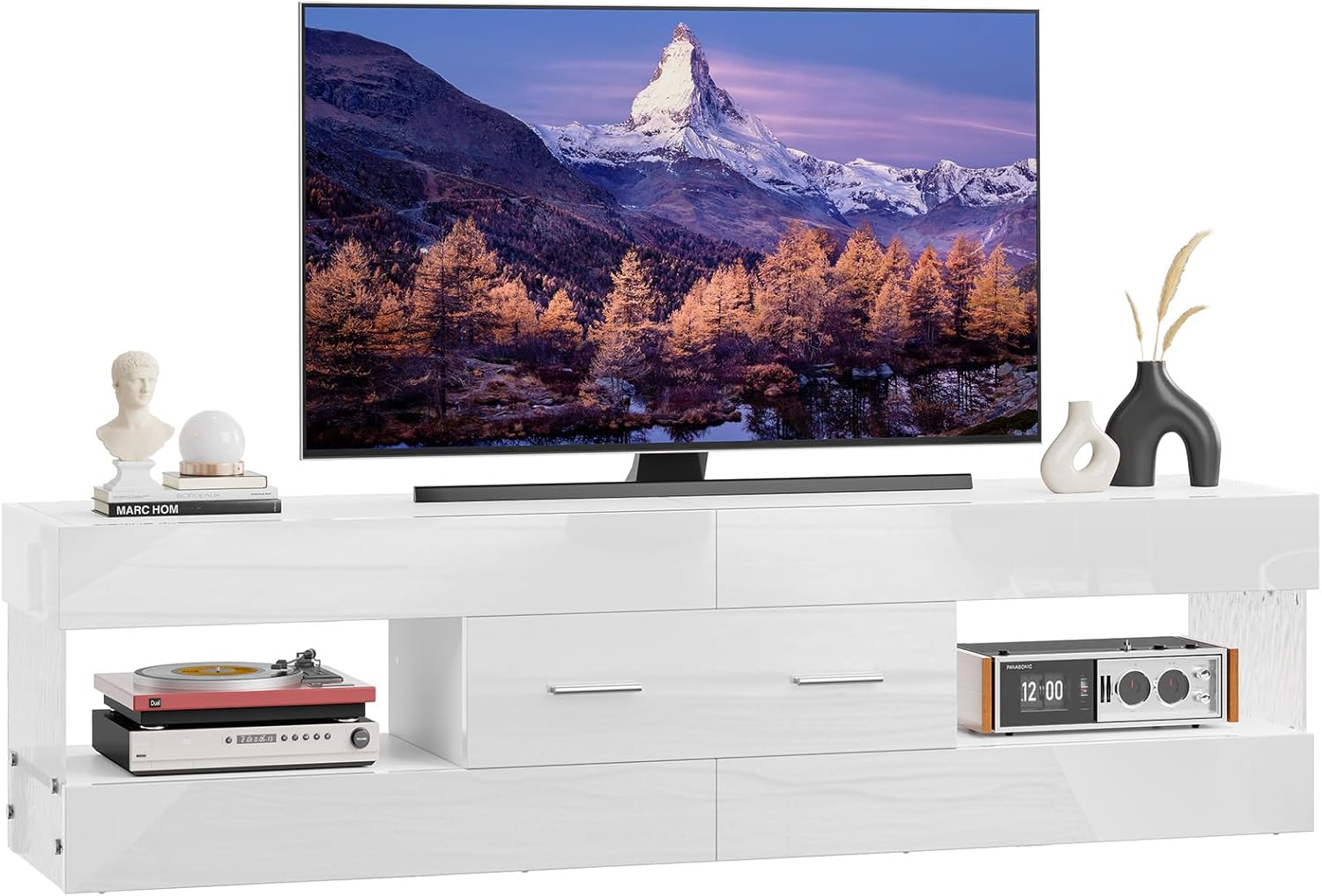 Modern TV Stand w/ Stone Panels & LED, Large Drawer - Glossy White