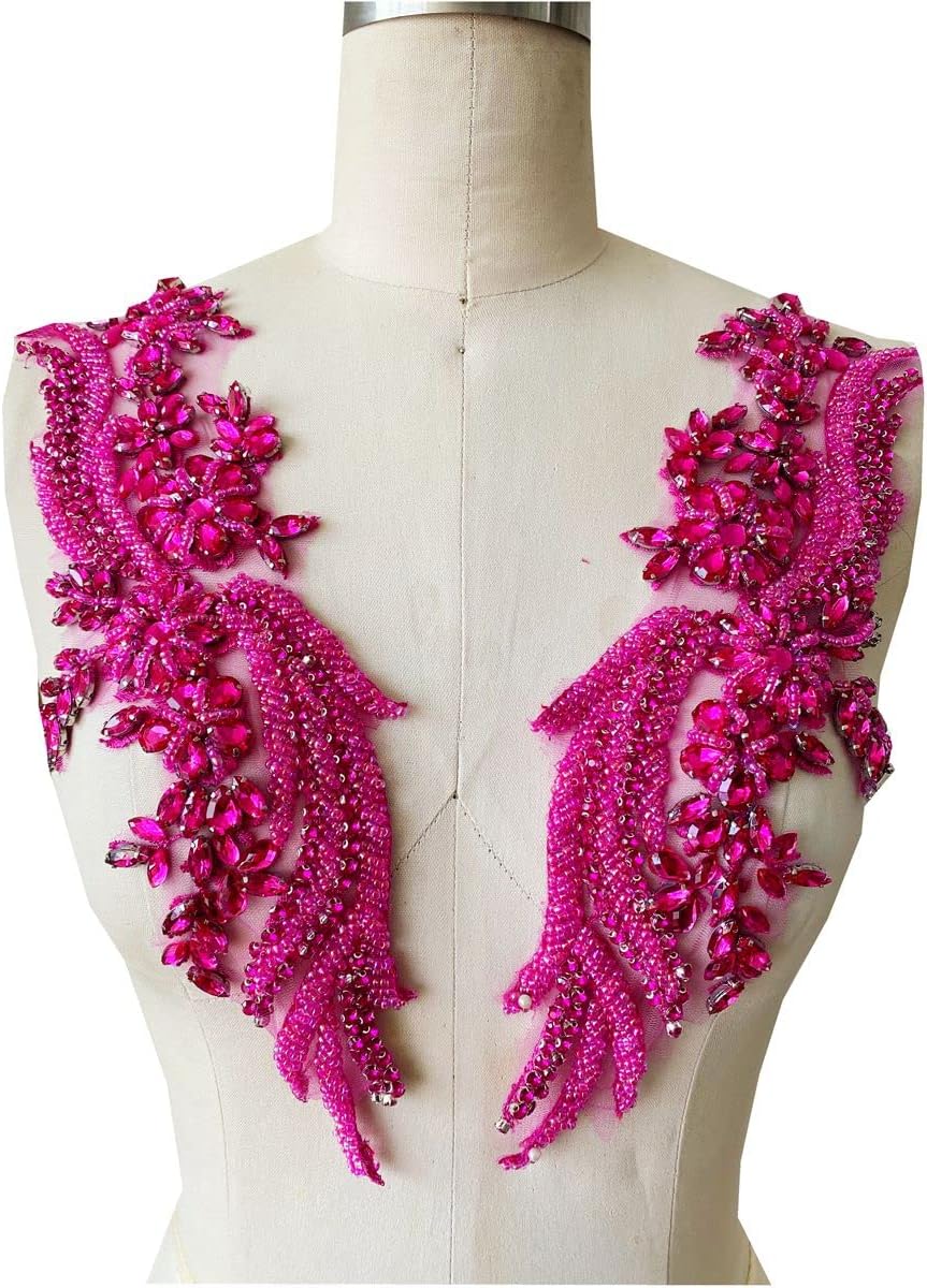 Handsewing Rhinestones Beads Lace Applique Wing Shape Trim