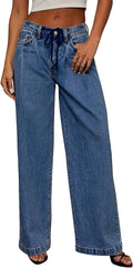 Sidefeel Women's Wide Leg High Waisted Baggy Drawstring Jeans - Casual