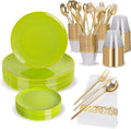 Green Plastic Party Plates Set for 30 - Elegant Green Gold Dinnerware