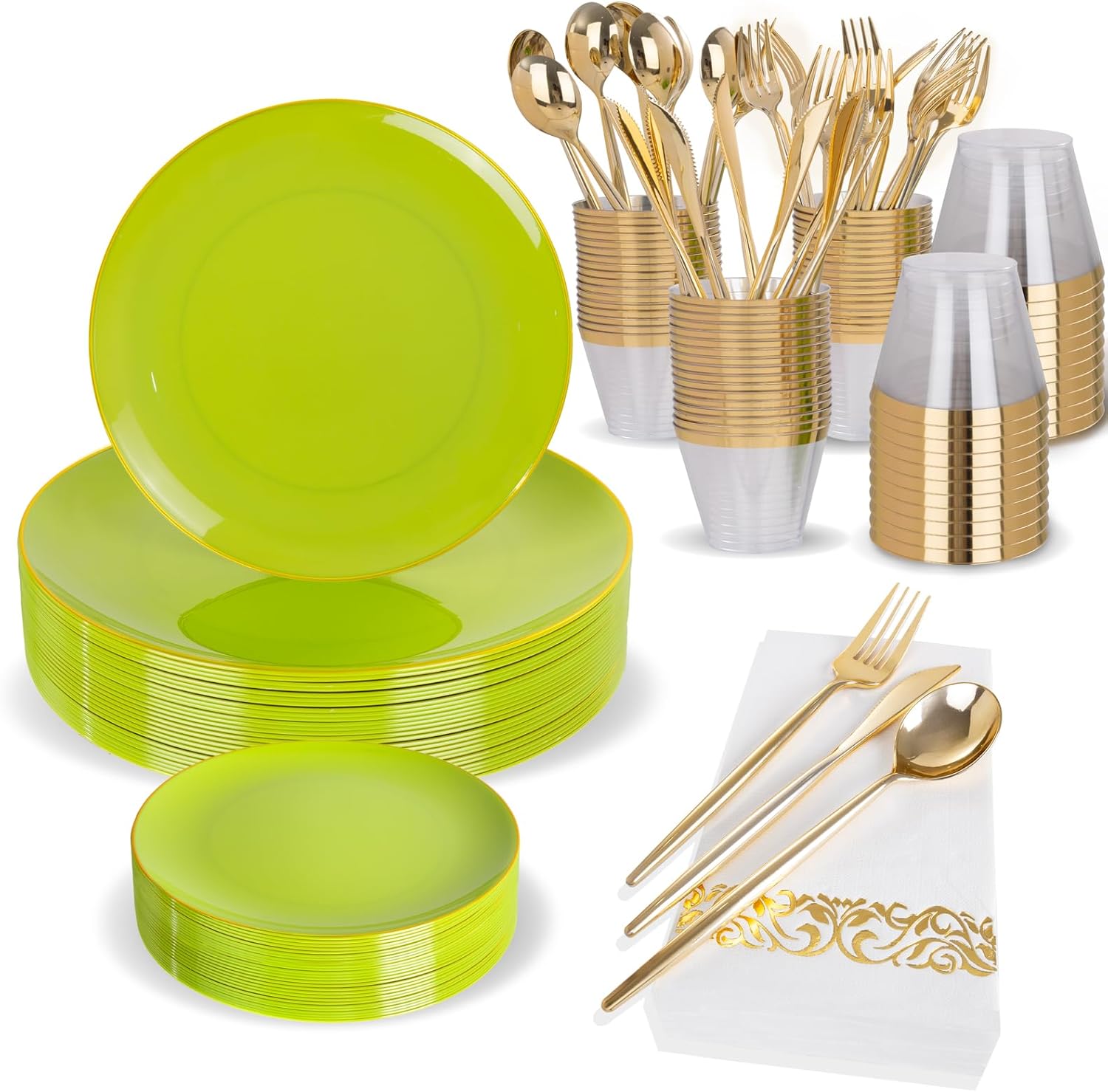 MirthMood 210pcs Green Plastic Plates for Stylish Party Setup
