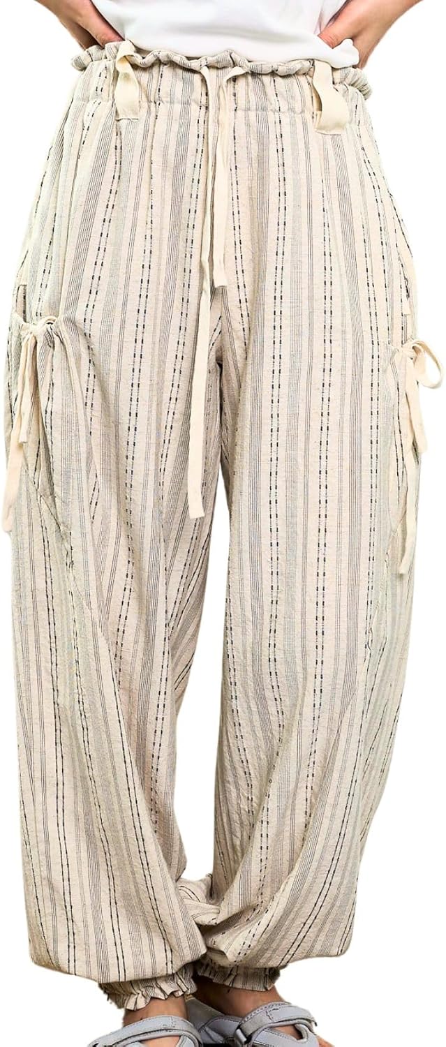 Women Drawstring Striped Pants for Casual Lounge and Beach Wear