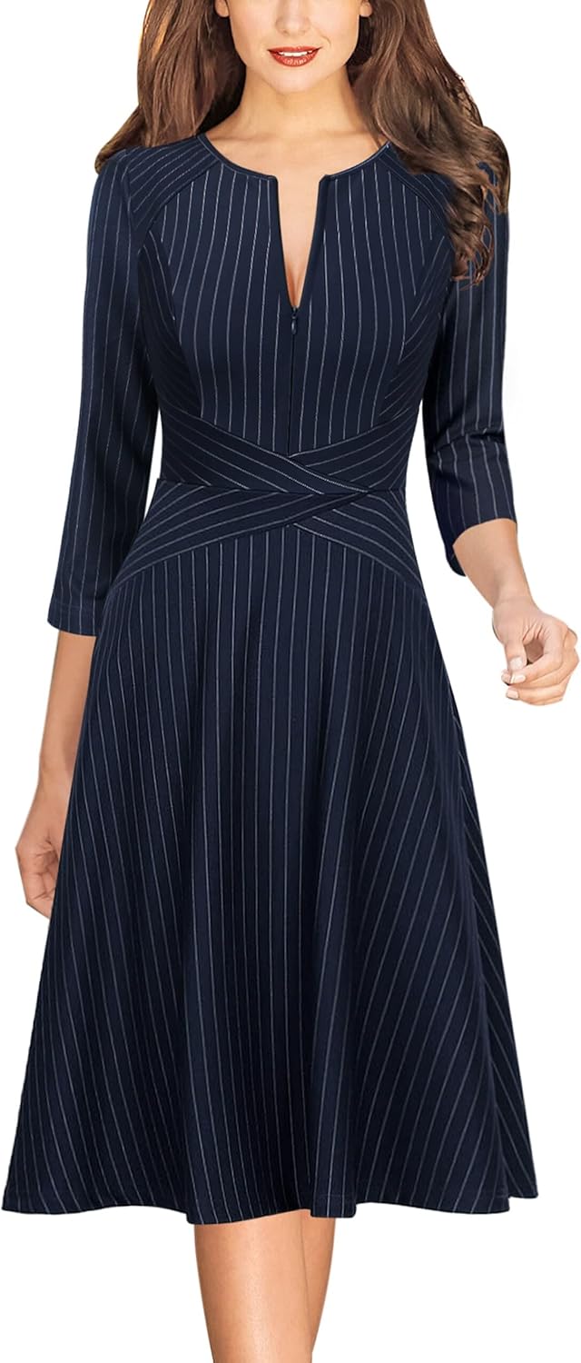 VFSHOW Womens Front Zipper Crisscross Waist A-Line Dress