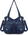 Large Washed Leather Shoulder Handbag for Women - Double Zipper