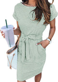 MEROKEETY Women's Striped Short Sleeve T Shirt Dress - Casual Tie