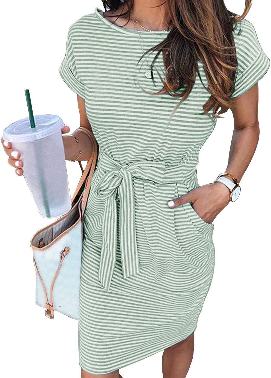MEROKEETY Women's Summer Striped T Shirt Dress with Pockets