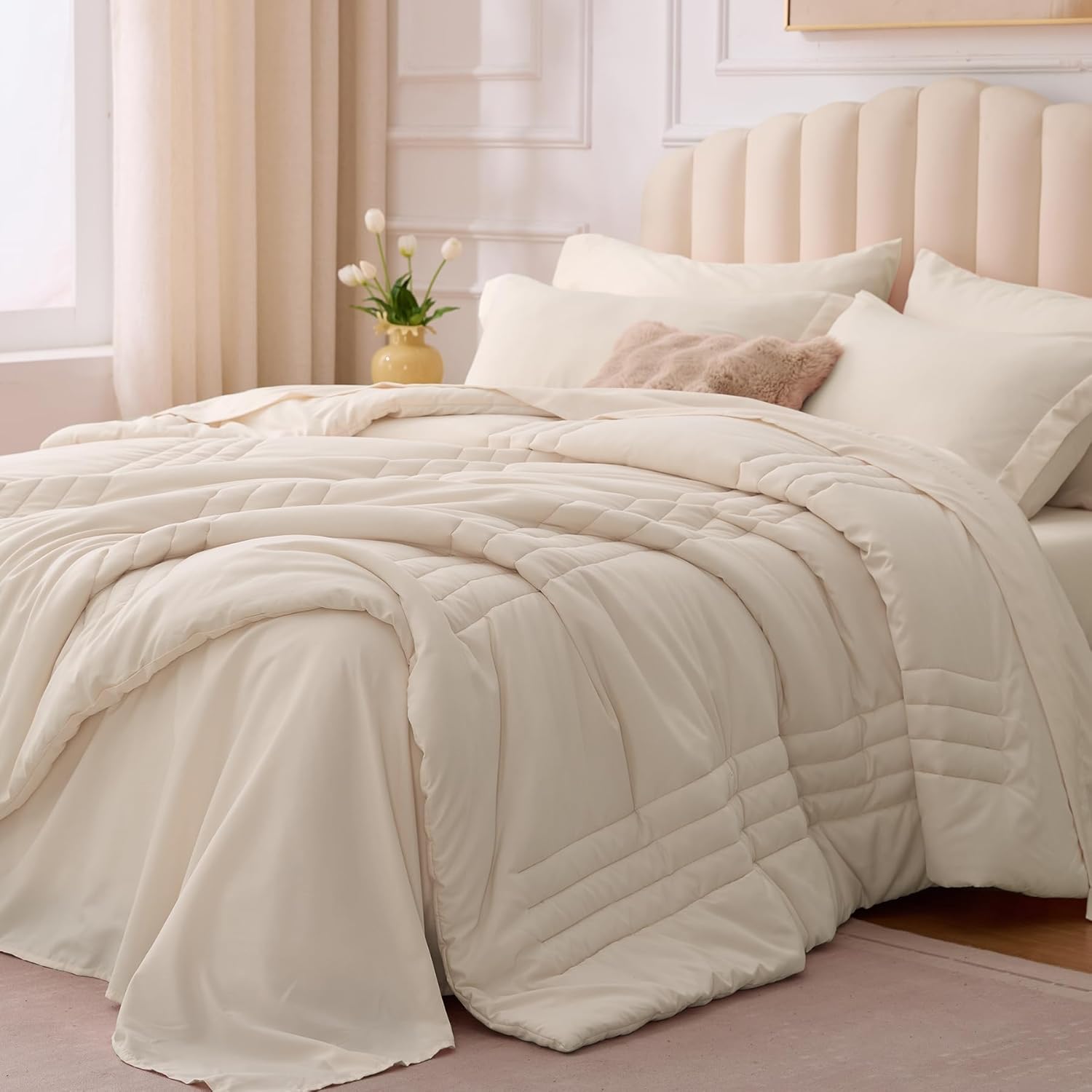 Queen Comforter Set Beige - Soft Bedding Set for All Seasons