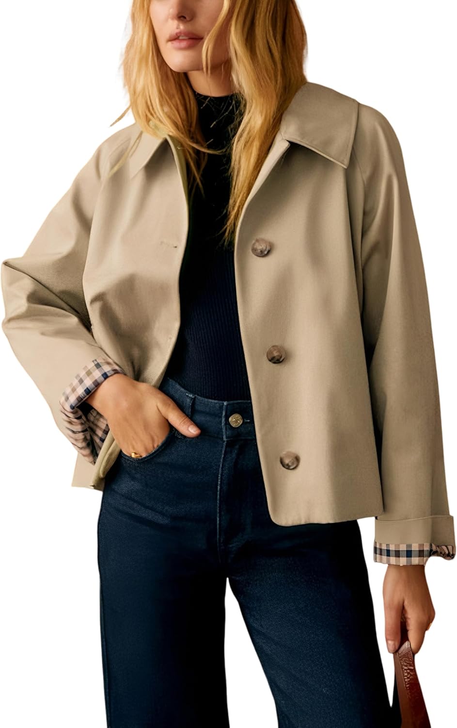 Dqbeng Womens Cropped Trench Coat with Classic Collar Style