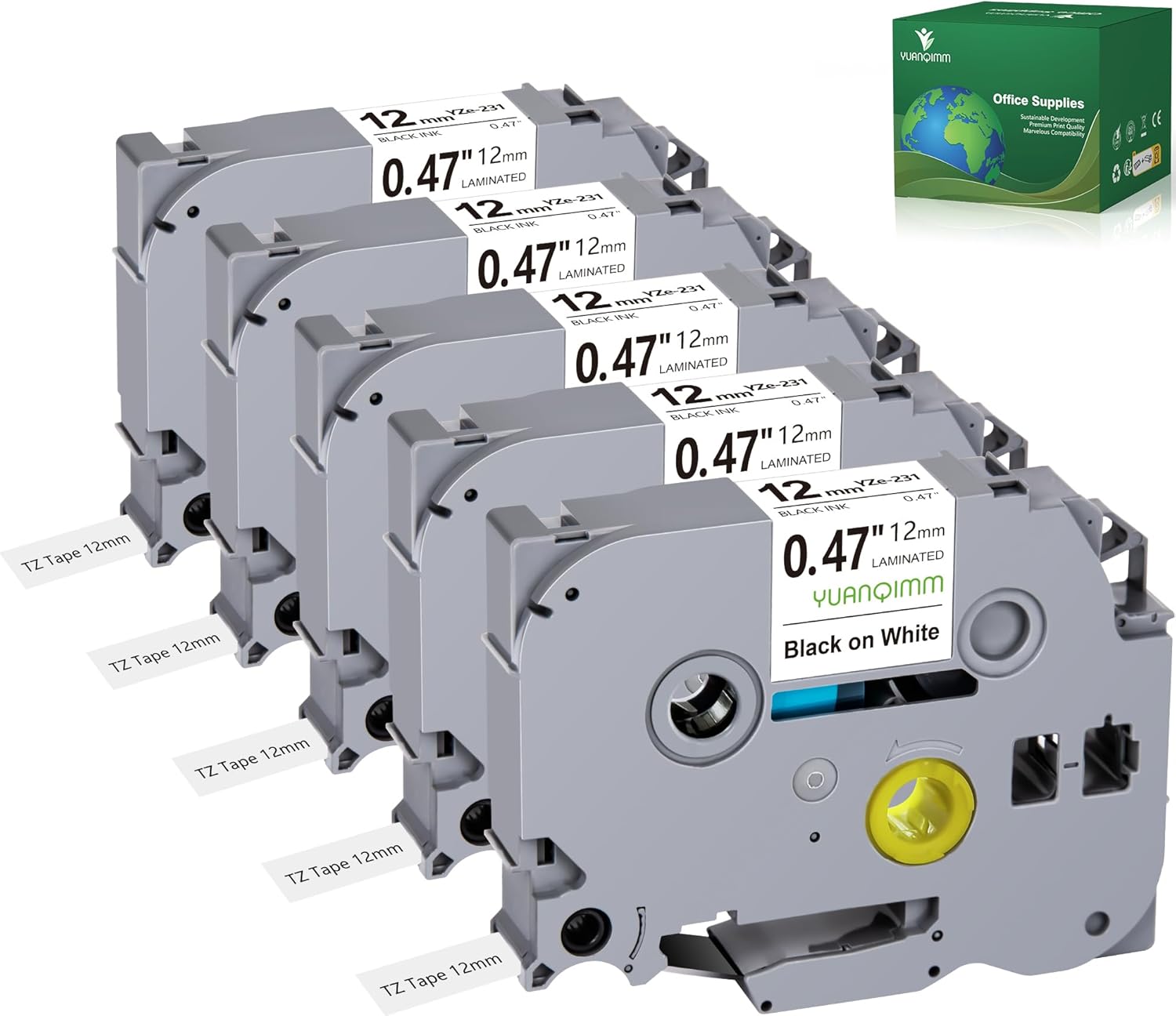 Organize Effortlessly with Tze Tz 12mm Laminated White Label Tape 5 Pack for Brother Label Makers