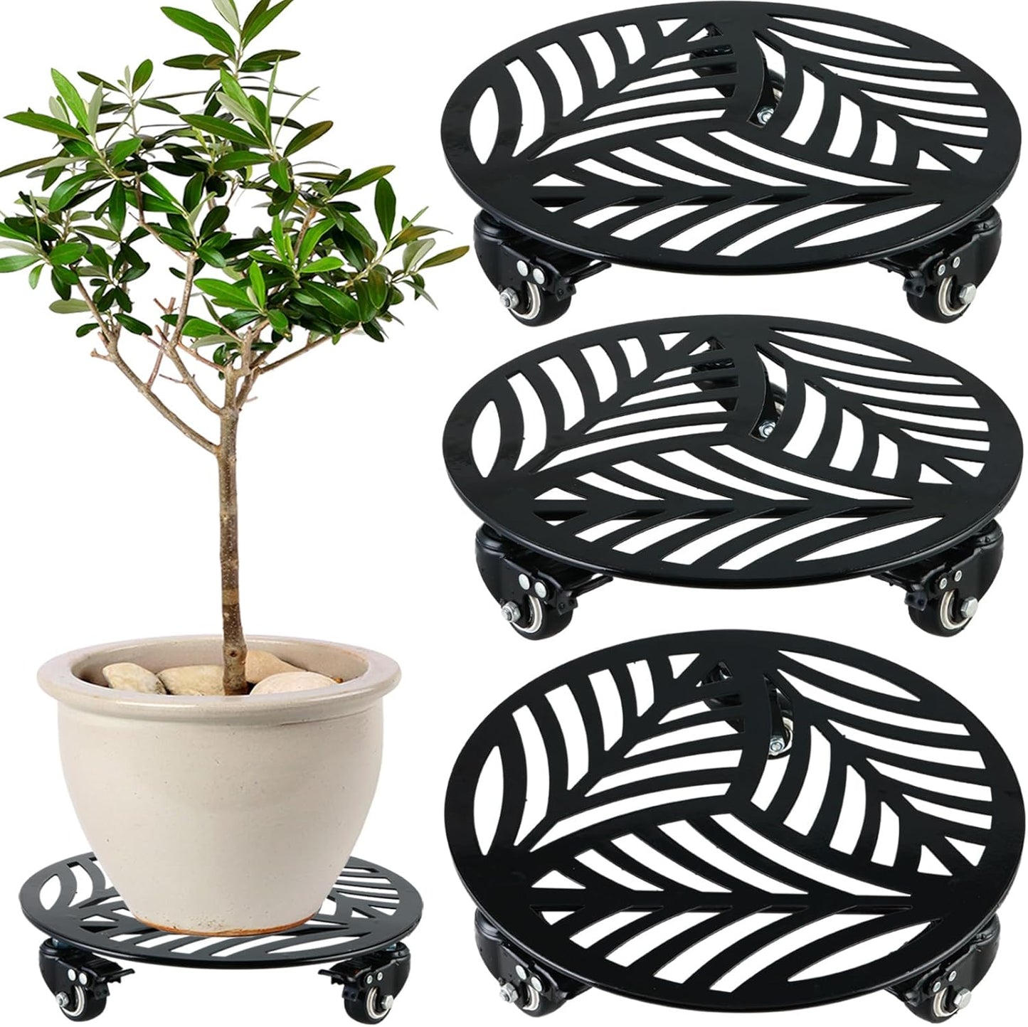 3 Packs Metal Plant Caddy with Wheels for Easy Plant Movement