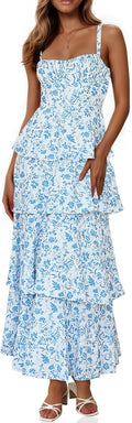 Wenrine Womens Summer Floral Maxi Dress - Flowy Tie Back Ruffle