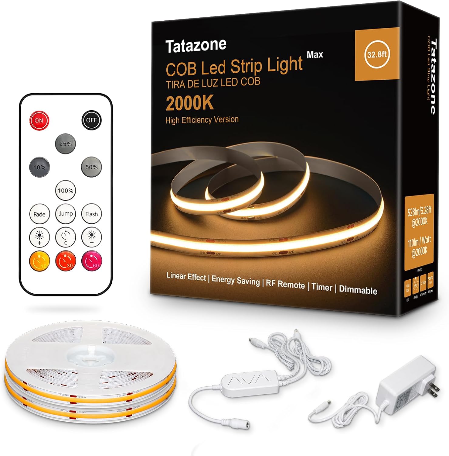 32.8ft Orange COB Strip Lights with RF Remote for Indoor Use