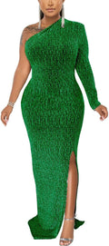 Women's Single Sleeve Sparkly One Shoulder Maxi Dress - High Split