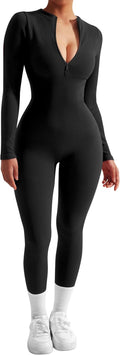 Women Long Sleeve Ribbed Jumpsuit Zip up Front - Flattering Bodycon is