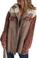 Womens Corduroy Shacket Jacket Hooded Color Block - Cozy Fall Coat