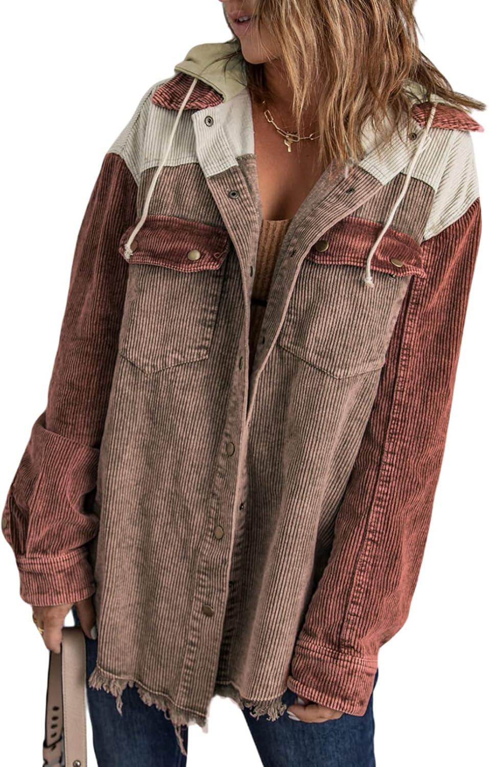 Dokotoo Womens Fall Corduroy Shacket Jacket with Hood and Pockets