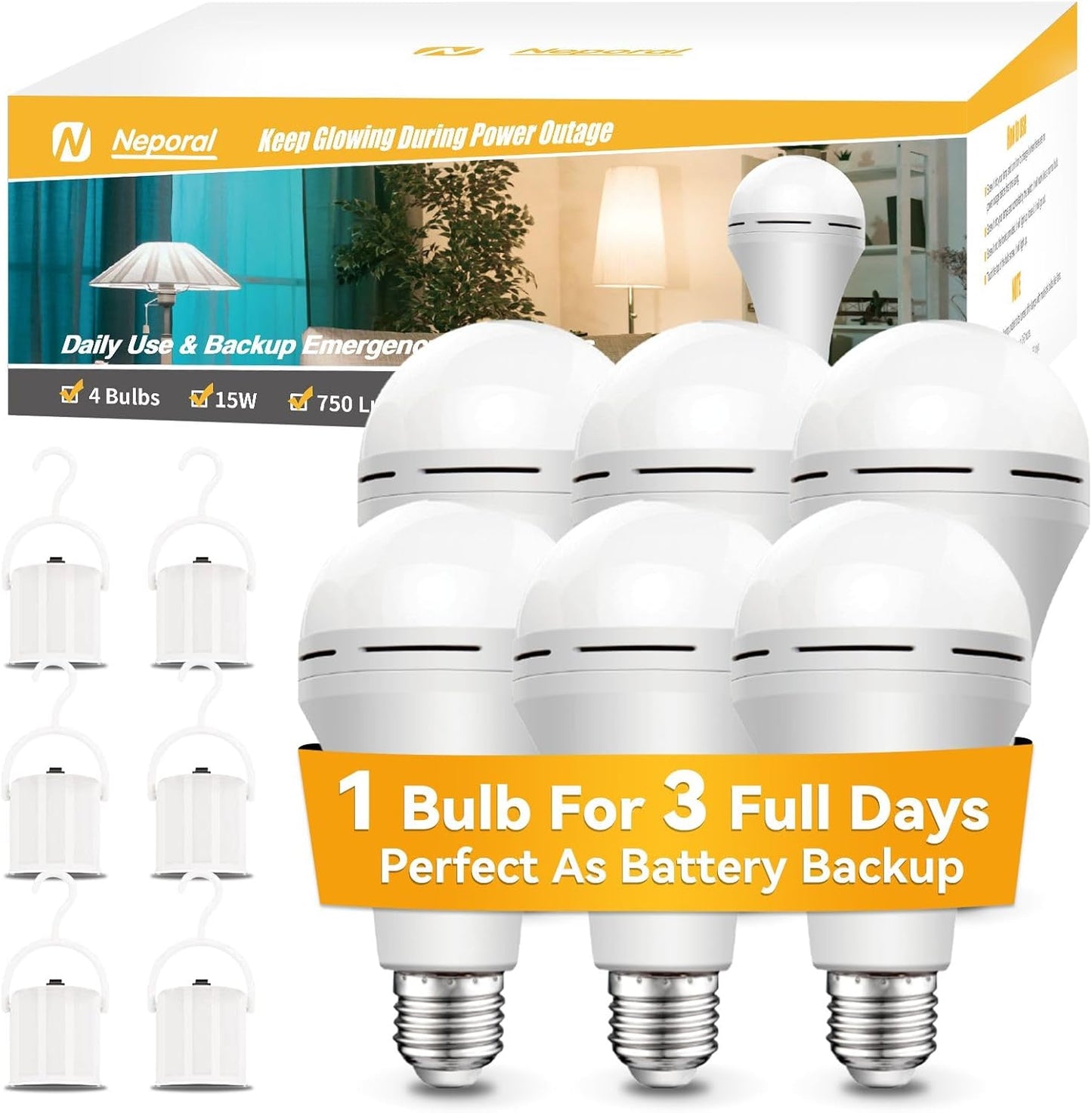 Neporal A19 Rechargeable Light Bulbs for Emergency Power Backup
