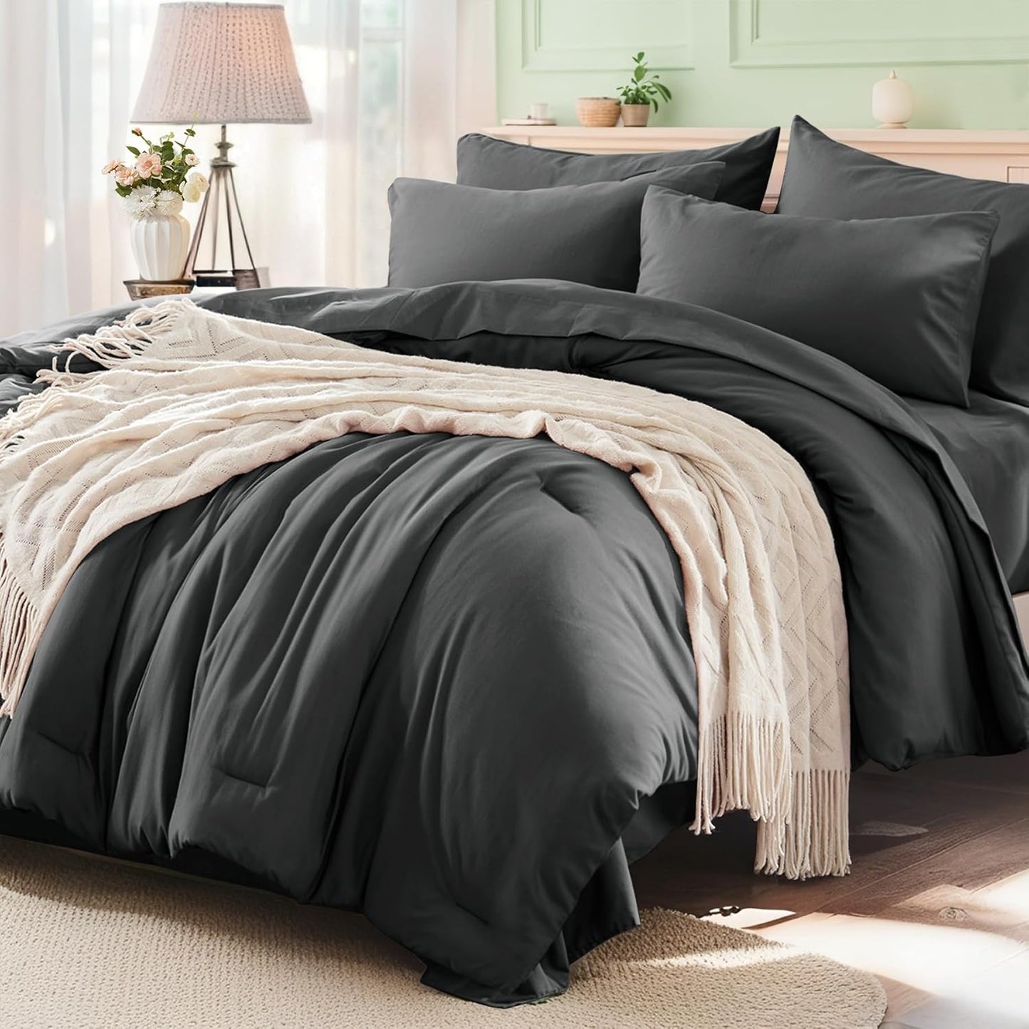 Anluoer Dark Grey Queen Comforter Set for All Seasons Comfort