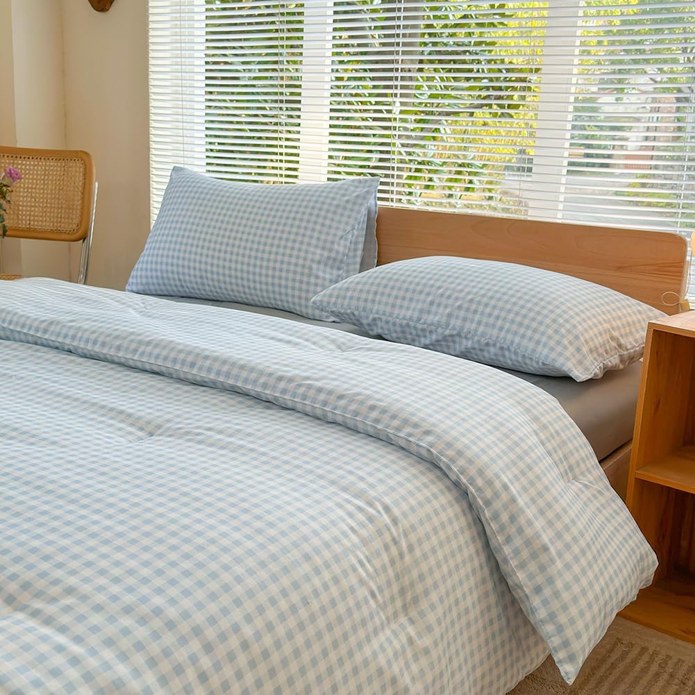 Luxurious King Size Comforter Set in Light Blue Gingham Style