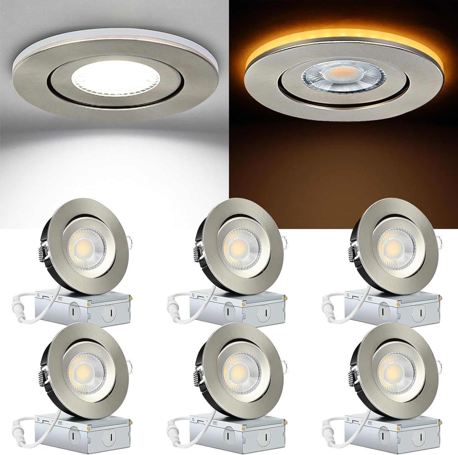 Brushed Nickel 4 Inch Recessed Lights with Night Light Feature