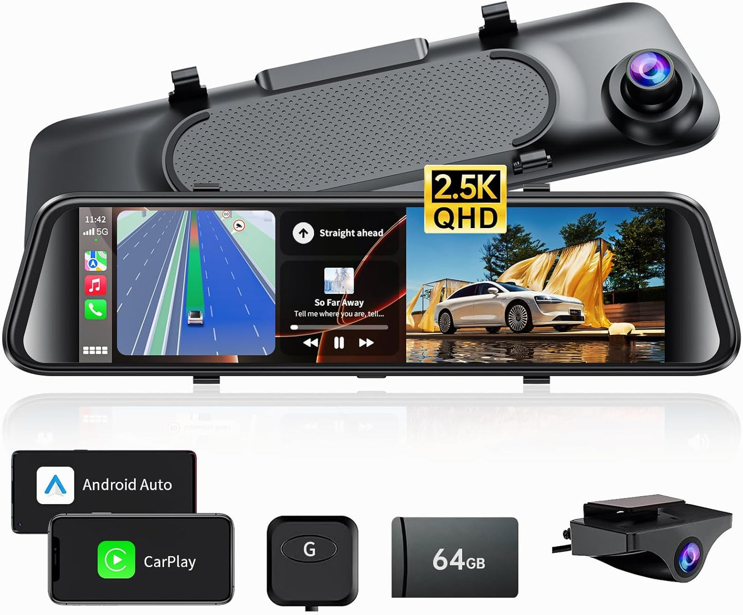 2.5K Mirror Dash Cam with Carplay & Android Auto Features