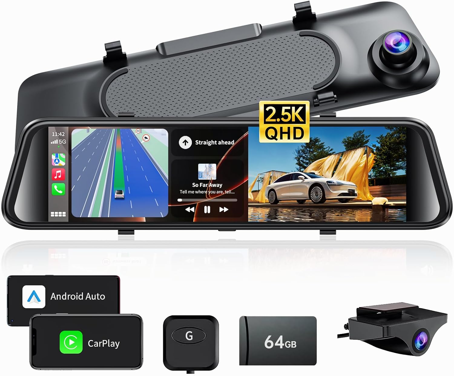 2.5K Mirror Dash Cam with Carplay & Android Auto Features