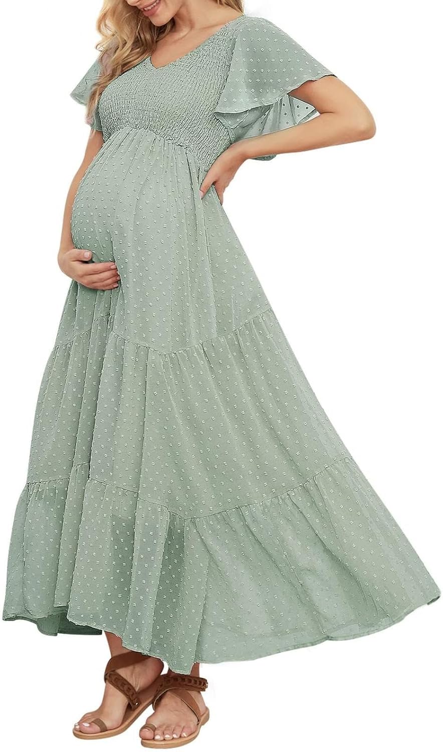 Elegant Swiss Dot Smocked Maternity Dress for Baby Showers