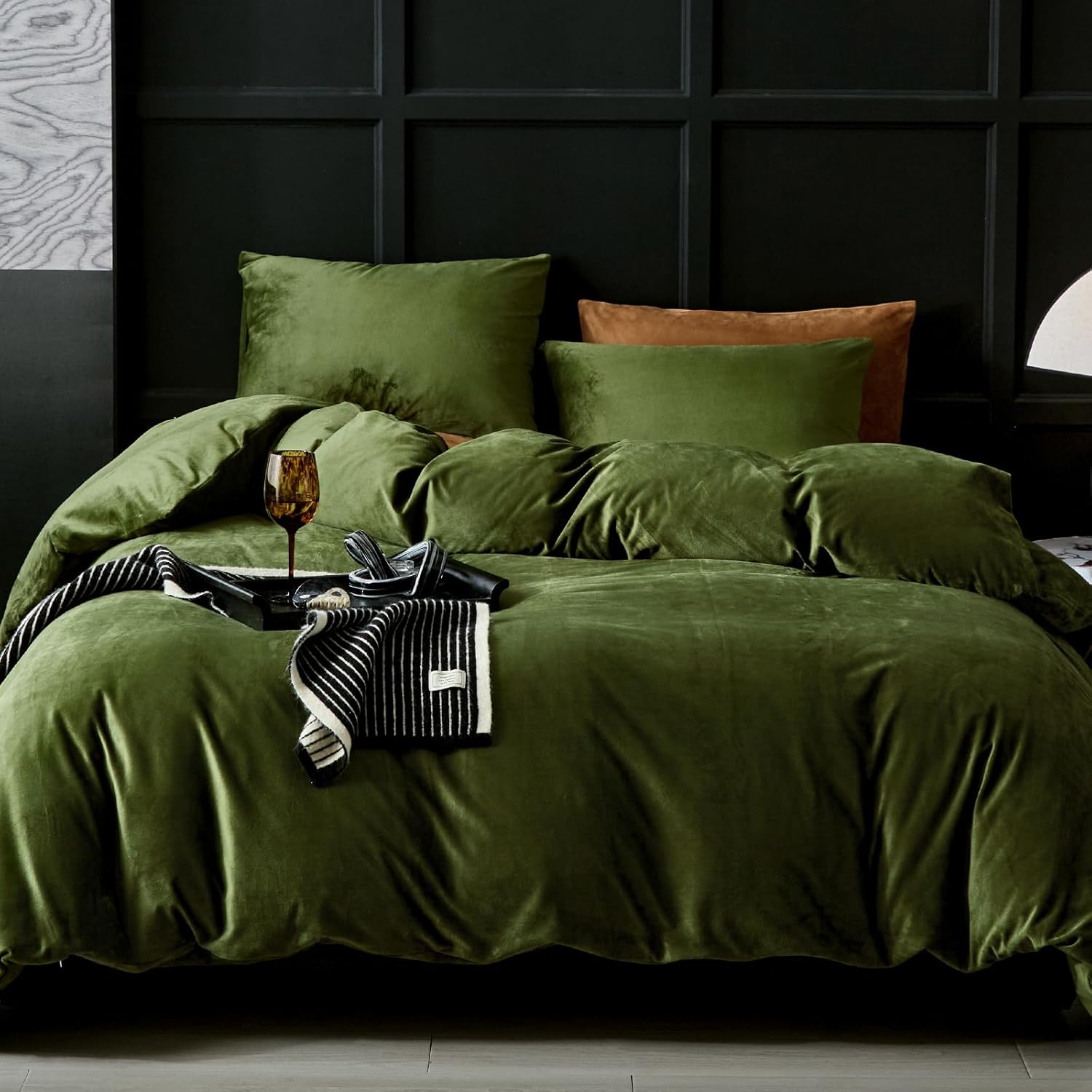Ultra Soft Olive Green Flannel Velvet Duvet Cover Set Queen Size