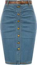 Belle Poque Denim Pencil Skirt High Waisted Ruched Bodycon - Sleek Fit