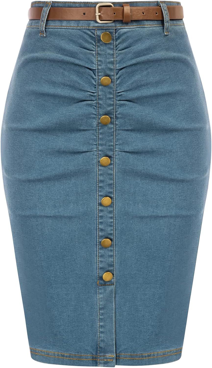 Belle Poque Denim Pencil Skirt for Women - Elegant Bodycon Style