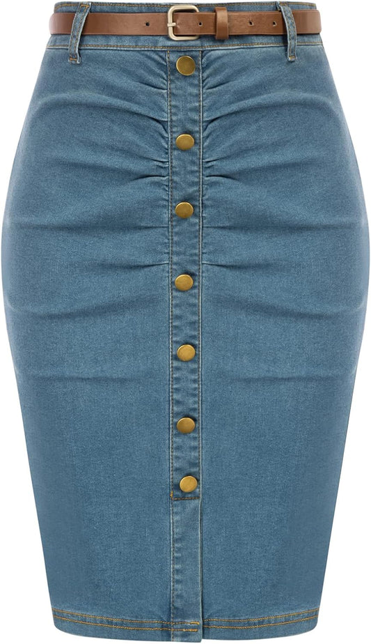 Belle Poque Denim Pencil Skirt for Women - Elegant Bodycon Style