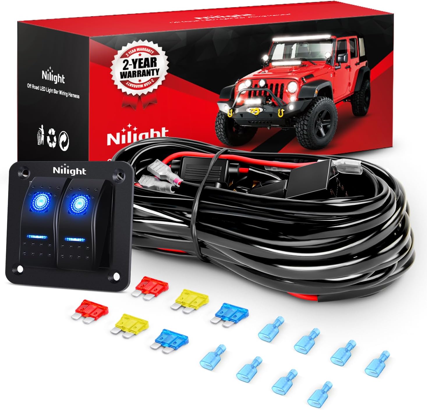 Nilight 16AWG LED Light Bar Wiring Harness Kit for Vehicles