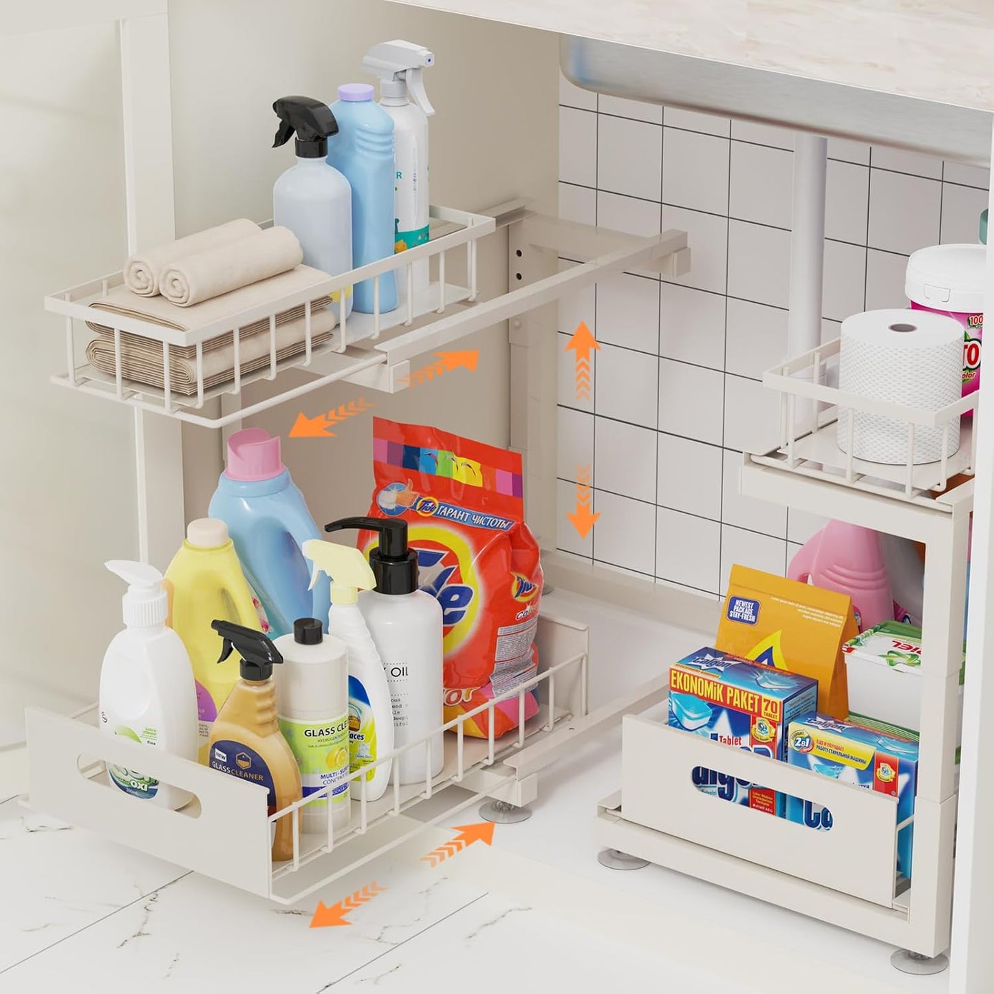 2 Pack Under Sink Organizer with Adjustable Height for Storage